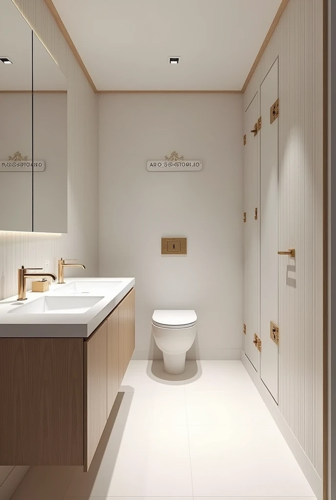 An exquisitely designed office bathroom, adorned with a sign reading “IA CCS STUDIO,” exudes an air of elegance and sophistication. Sleek modern fixtures and pristine white walls convey a sense of luxury and professionalism.