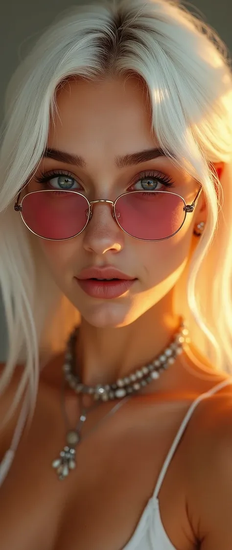 1girl, solo, looking at viewer, smile, blue eyes, jewelry, white hair, earrings, glasses, teeth, hand up, grin, lips, head tilt, makeup, sunglasses, portrait, eyeshadow, round eyewear, tinted eyewear, looking over eyewear, orange-tinted eyewear, blue-tinte...