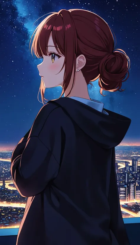 Night, city, Anime character looking at the beautiful night sky, rich colors, anime style