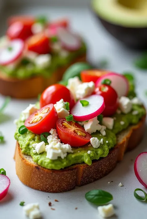 Classic Avocado toast with twist with radish slices **Ingredients:**
   - 2 slices of whole-grain bread
   - 1 ripe avocado
   - 1 cup cherry tomatoes, halved
   - 1/4 cup crumbled feta cheese
   - Radish slices
   - Salt and pepper to taste
   - Olive oil...