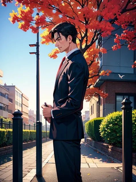 Masterpiece, Top Quality, Super Detail, 1 Man in his 40s, Male Focus, Handsome, Residential Area, Fence, Spindle Tree, Afternoon Sun, After School, Suit, Hand-held Bag, Flock of Birds, Right From the Side, Depth of Field