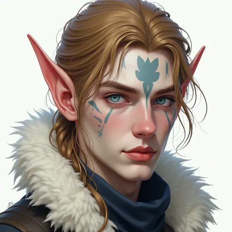 Draw a VERY REALISTIC fantasy style drawing of a very attractive 19-year-old male ELF, stark, white skin with pink tones, golden brown hair, Steel-blue eyes with war paint VERY REALISTIC