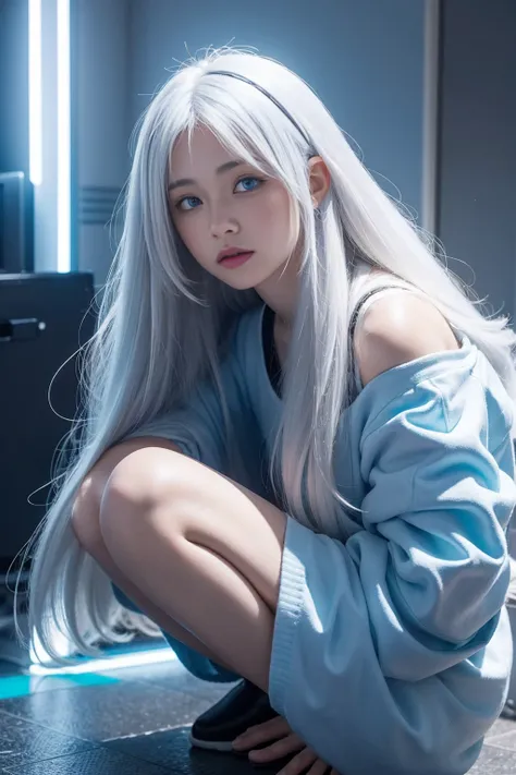 Second dimension girl,Watching you,Beautiful eyes,,Long hair,Aho,Squatting,illustration,pixiv,Flat coating,White hair,A blue technological halo floats above his head,Bright blue pupils