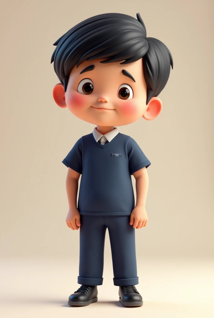 A cartoon boy in a dark blue short-sleeved school uniform and dark blue pants is bowing, 3D, facing forward.