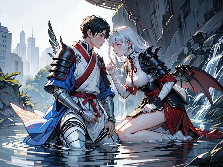 create a male samurai standing at the edge of water fall holding his katan and samurai armor kneeling for a female goddess who have angle wings 