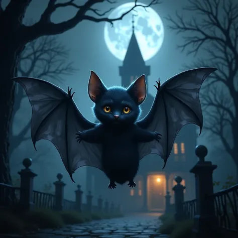 (best quality,4k,8k,highres,masterpiece:1.2),ultra-detailed,(realistic,photorealistic,photo-realistic:1.37),spooky cute bat, haunted mansion, full moon, dark atmosphere, gothic architecture, eerie shadows, misty surroundings, moonlight reflection, intense ...