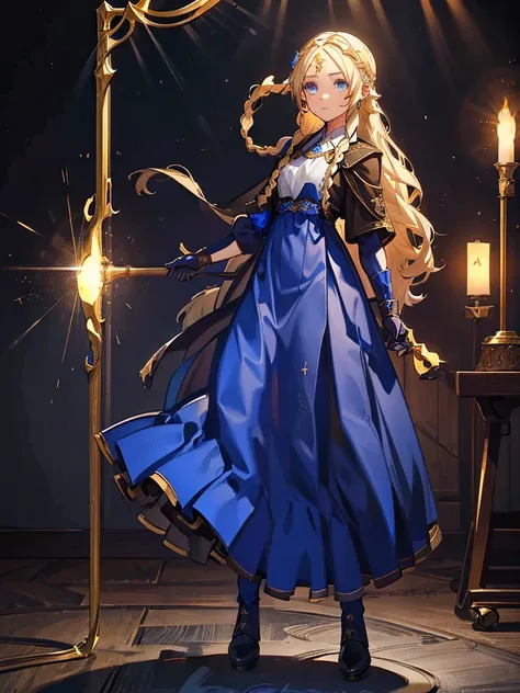 Black background with spotlight, fantasy class,saint, One person,holy, braided blonde hair,Medium Hair, blue eyes, Blue Earrings, 白いholyドレス,long heavy dress, (saint holy hin:0.8), Cowboy Shot,Looking_in_Audience