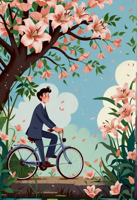 a portrait of bicycle, the background is the petals of an oversized lily, with a men, the flower has green stamens and long leav...