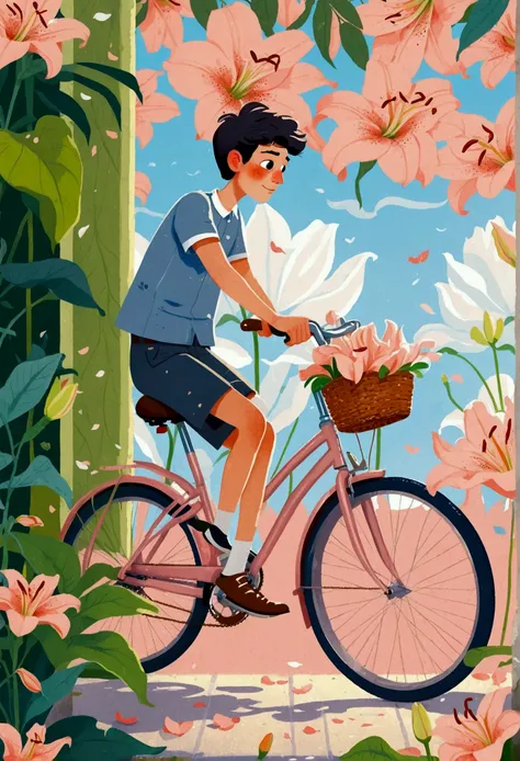 a portrait of bicycle, the background is the petals of an oversized lily, with a men, the flower has green stamens and long leav...