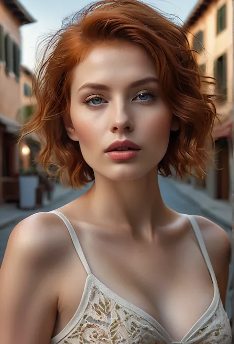 A woman in a quiet street in a resort town, with extremely detailed eyes, beautiful lips, long eyelashes, and perfect anatomy. Her delicate body and hands are finely detailed, with realistic, photorealistic, and best quality rendering. The lighting is Remb...