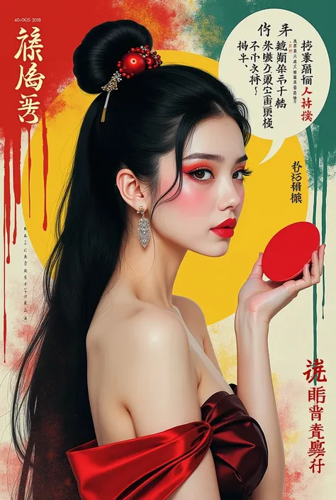 ouvrages dart. haute qualité. couverture de magazine chinois avec diverses inscriptions. couverture. Bulle. Kittana avec une éponge de maquillage à la main. Rouge RVB #8E3535 Bleu RVB #3852A4 Noir RVB #151414 Blanc RVB #EFE8E8 Jaune RVB #ECBE62 Vert RVB #6...