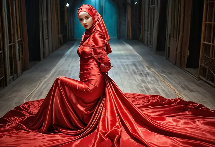 a rusian woman shrouded in a 4-meter-long, plush red satin cloth, tightly bound and grandly draping along the form of her body, ...