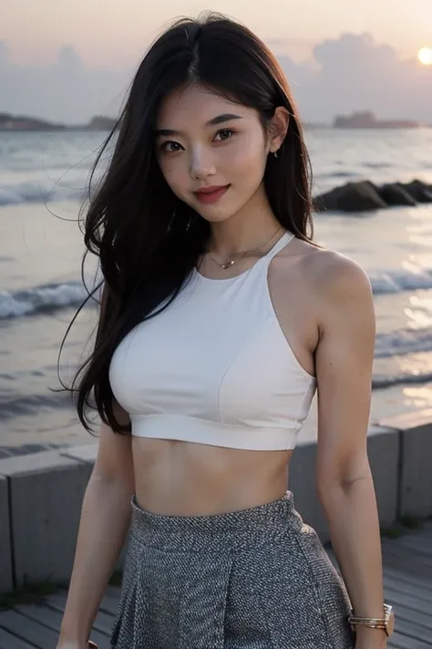 A beautiful girl,18, black violet hair, round face, pump body, smile, white crop top, black short skirt,walk  in the seaside, watch sunset