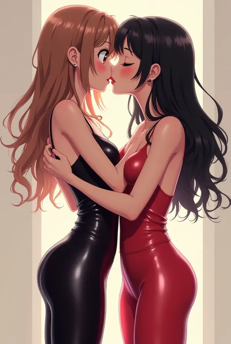 girls in leggins latex anime kisiing