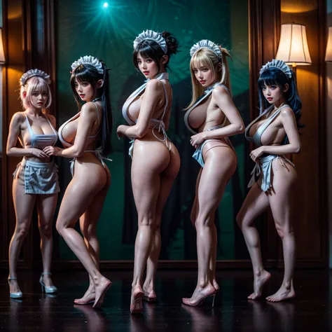 (Full Body of Extremely Detailed((Sexy Maid Group in a row:1.37))), KAWAII perfect face, Reflective Eyes, Detailed(Delicate Clothing textures), Correct Leg Line, Dynamic Joyful Expressions LifeLike Rendering, Specular Reflection, TopQuality 8K Ultra-detail...