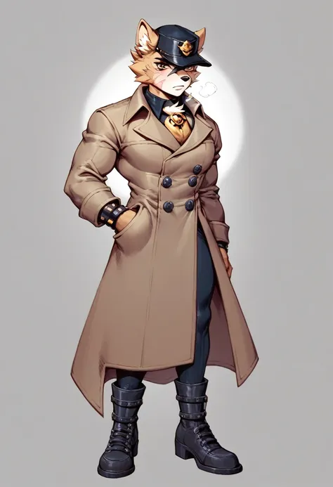 a anthropomorphic dog furry yellow detective buff,muscular wearing a detective outfit,brown trench-coat,scars,thick,30’s style. ...