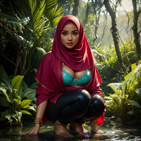 (((Two:2 Malay hijab girls in group, super gorgeous malay girls with big breasts, big breasts, big breasts, two:2 MAPAY women in lingerie posing for a picture in a jungle, oppai, posing together in bra, MIRA FILZAH and IMAN TAYORE, red bra, all red, oppai ...