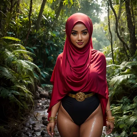 (((Two:2 Malay hijab girls in group, super gorgeous malay girls with big breasts, big breasts, big breasts, two:2 MAPAY women in lingerie posing for a picture in a jungle, oppai, posing together in bra, MIRA FILZAH and IMAN TAYORE, red bra, all red, oppai ...