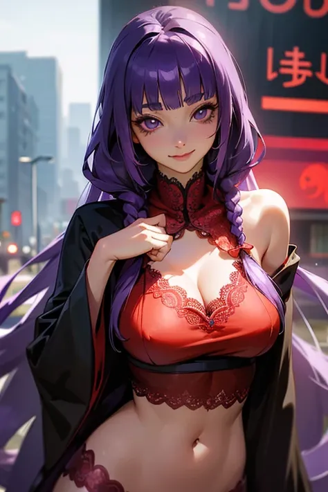 1 person, Blunt bangs, Braiding, Wide sleeves, hair ornaments,Obi says, (Purple Hair:1.2), Very long hair, Straight hair, Looking at the audience, Highly detailed background, (Realistic:1.2), Beautiful Eyes, Red eyeshadow, thigh, (Urzan-6500:0.7), Upper Bo...