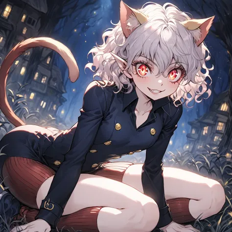 1girl, neferpitou, short hair, red eyes, animal ears, tail, white hair, cat ears, cat tail, curly hair, long sleeves, shorts, mo...