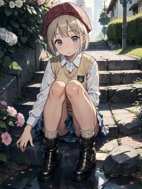 (solo:1.5)、cute、daily、White Shirt、Sweater vest、skirt(Plaid:1.2)、beret、short boots、Flower Hair Ornaments、on the cobblestone、Sitting on stone steps、Leica