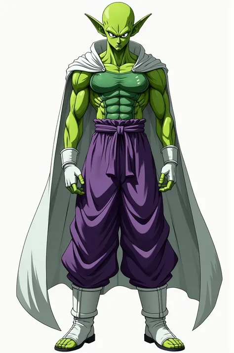 Create a character design of a human version of Piccolo from Dragon Ball Z. The character should have a tall, athletic build with green skin. He should have pointed ears, a serious expression, and distinctive angular facial features. The outfit should rese...