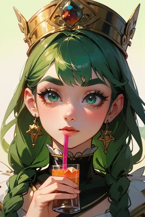 (Highest quality, masterpiece:1.2), High resolution, Very detailed, Realistic:1.37, Fantasy, An illustration, Green Eyes、Queen, Platinum decoration、beautifully、Eyeshadow Red、Thick eyebrows、Long eyelashes、pupils are black、Her hair is light green、Embarrassin...