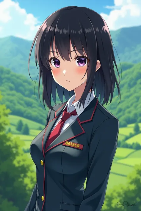 Yoshika Matsuda,Tight uniform,Beautiful valley,Shiny black hair、 Extremely rich facial detail, Beautiful Eyes, cute, masterpiece,A lively schoolyard