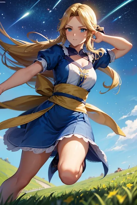 Masterpiece 8k(((((Alice))))) 
((woman,The facial expression is accurate,Anime style face,greenish blue eyes ))
(((((座っているwoman))))) 
 Night Sky
(((((Shooting stars flowing at night))))) 
8k(((((high school girl))))) 
(((((Grassland on grassland))))) 
8k((...