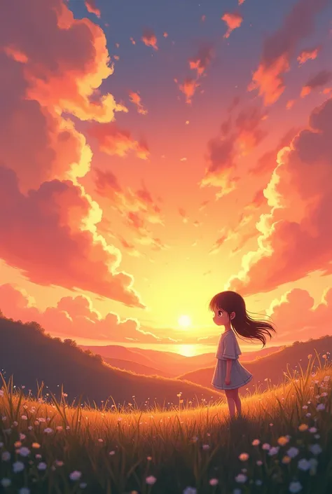 make photo of girl standing under sunset watching the sun set enjoying the breeze in anime style 