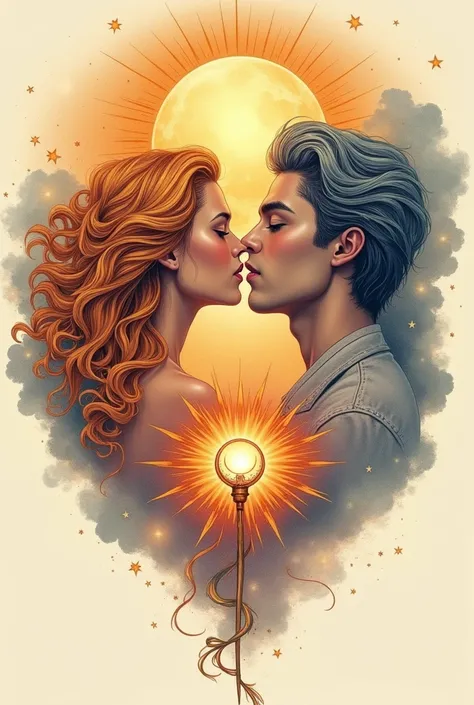 Here’s a detailed prompt for a tattoo design featuring a female sun and a male moon in a French kiss:

"Create a tattoo design where the sun is portrayed as a radiant female figure, with warm, flowing rays like hair, and a gentle, glowing face. The moon, d...