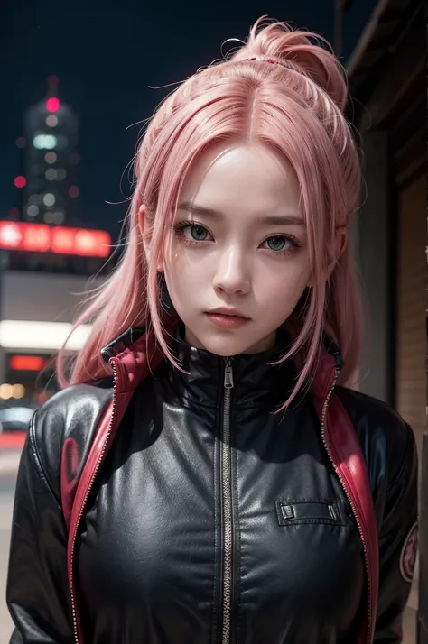 Create a 4K portrait of Sakura Haruno from Naruto as a realistic human. Depict her with a smooth, fair complexion and vibrant pink hair styled in a short, practical cut. Her eyes should be a striking green, full of determination and warmth. Dress her in a ...