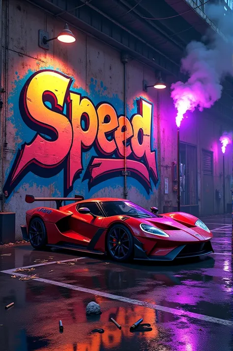 Graffiti written on wall " Speed " with cigarettes purple torches and monza car 