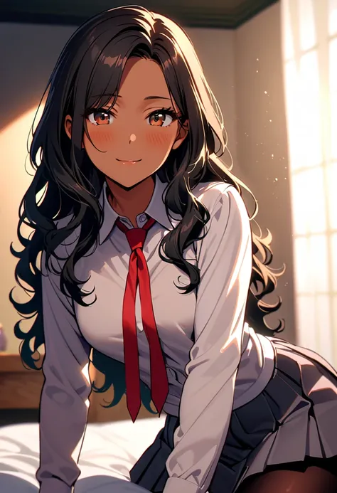 a woman, 19-years-old, solo, mature face, average height, tan skin, (long black wavy hair thats parted in the middle:1.2), no bangs, brown eyes, warm smile, white formal shirt, gray pleated skirt, red necktie, black tights, sitting on top of bed, dark room...