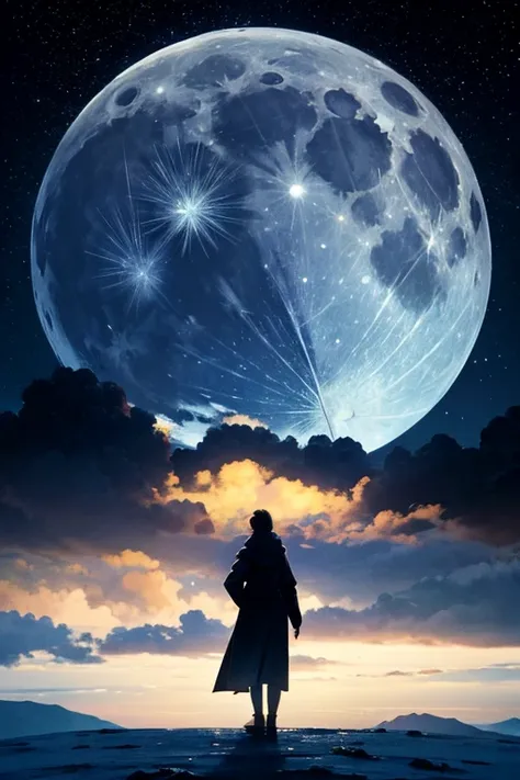 Highest quality,Big moon and shadow,A silhouette of a person can be seen against the backdrop of a large moon.,There is one full moon,There is a mood,Beautiful scenery,Starry Sky