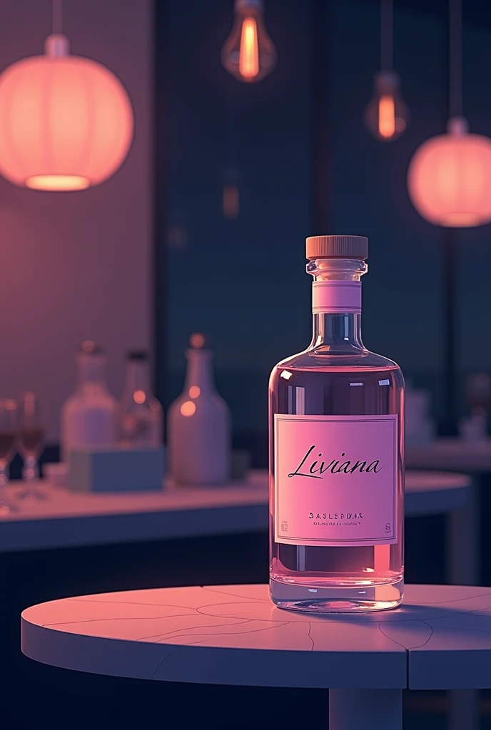 *The label is pastel pink and has a simple design with the word "Liviana" writing. The bottle is on top of a bar table., the night