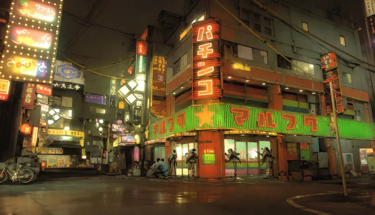 A manga scene of a street with many neon lights on the side of the buildings, Neon Tokyo，Neon sign，Street at night，street japan，Kabukicho，Cyberpunk Streetjapan, Neon Tokyo, Downtown Japan, Tokyo Anime Scene, Japanese cities, new tokyo背景, Japanese cities at...