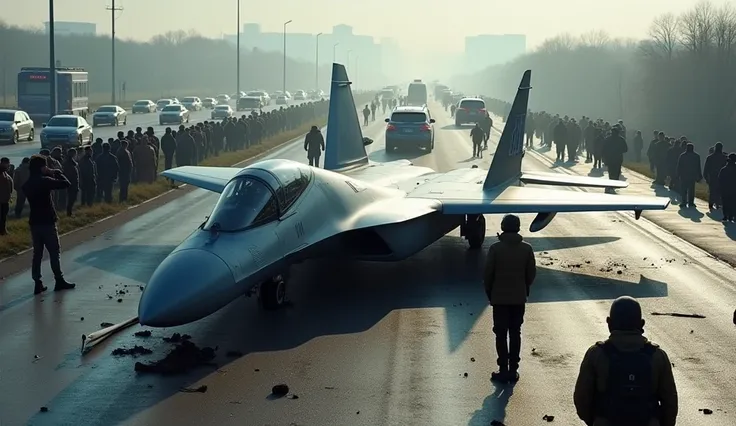 Russias most expensive SU-57 fighter jet crashes on a highway and is surrounded by people.