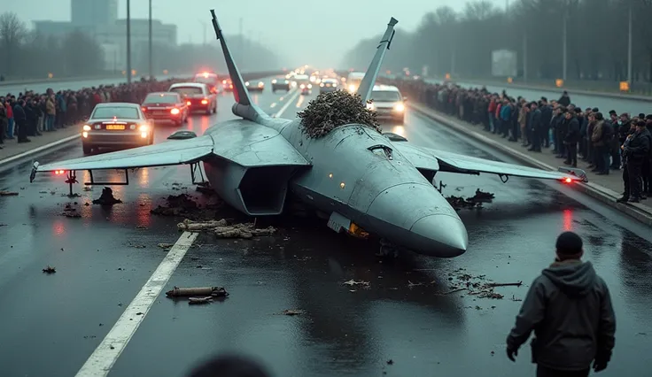 Russias most expensive SU-57 fighter jet crashes on a highway and is surrounded by people.