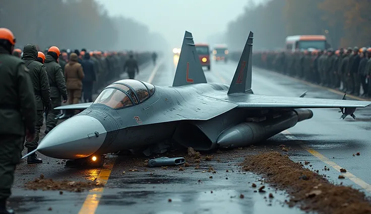 Russias most expensive SU-57 fighter jet crashes on a highway and is surrounded by people.