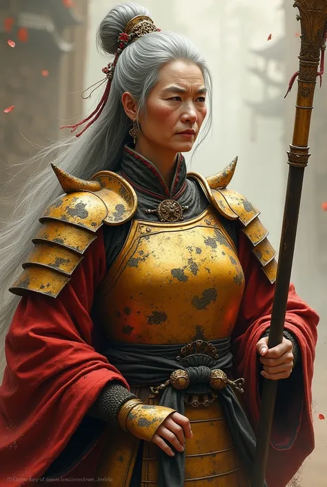 Female General，elderly，80 years old，Golden Armor，The armor is tattered，Crutch weapon，Tang Dynasty，Big breasts，Will martial arts，Hairpin