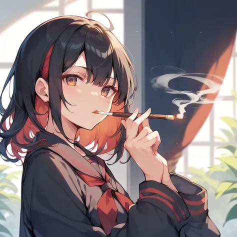 sendou ayumu, Black hair , red Inner hair, Black serafuku, smoking,