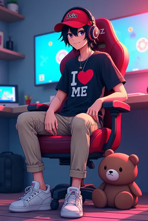 a male character,of anime, skin colored,medium long black hair,a red cap with Asia on the back,black headphones with a red cross,una camisa negra que diga I ♥️ ME, skin-colored pants with white shoes, with a small brown bear, with a gaming chair, ycon musc...