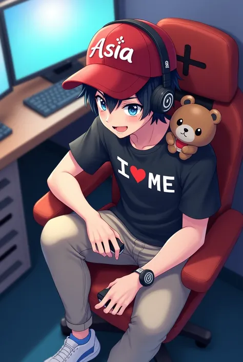 a male character,of anime, skin colored,medium long black hair,a red cap with Asia on the back,black headphones with a red cross,una camisa negra que diga I ♥️ ME, skin-colored pants with white shoes, with a small brown bear, with a gaming chair, ycon musc...