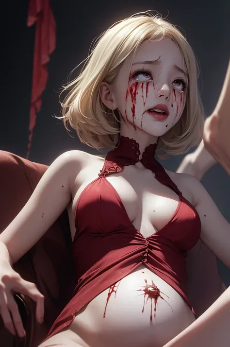 Highest quality, masterpiece, look up, cute,(Horror),(((少女の美しいzombie))),((zombie)),((This girl is dead)),(Being attacked),Trying to bite,(((Bleeding,Injured))),(((Shedding tears of blood))),((Bloodbath)),((口からBleeding)),((Covered in blood)),(A body covered...