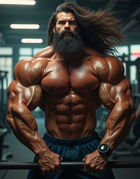 Long hairs bodybuilder man in gym bigger biceps like 