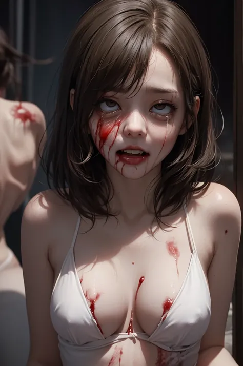 Highest quality, masterpiece, look up, cute,(Horror),(((少女の美しいzombie))),((zombie)),((This girl is dead)),(Being attacked),Trying to bite,(((Bleeding,Injured))),(((Shedding tears of blood))),((Bloodbath)),((口からBleeding)),((Covered in blood)),(A body covered...