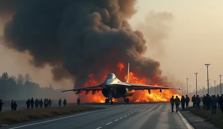 Russias most expensive SU-57 fighter jet crashed on a highway and exploded. put out quite a big fire. and thick black smoke surrounded it. surrounded by many people