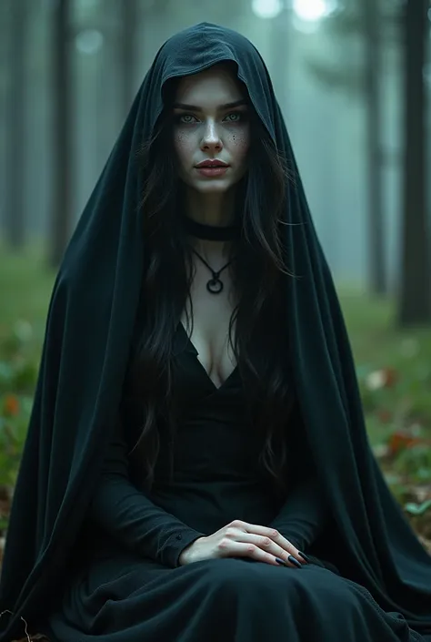 Fashionable of androgynous alien looking witch wearing veil, glowing eyes, beautiful evil slavic muscular woman, pale skin, long hair, light smile, futuristic design, minimal details, givenchy, photoreal, 200mm, hd, f/ 2.0, sitting in a gloomy spruce fores...