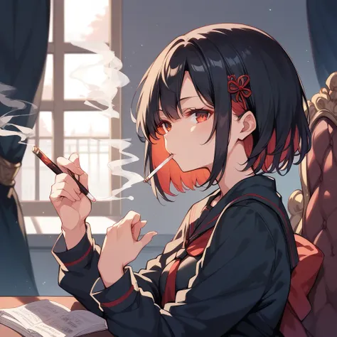 score_9, score_8_up, score_7_up, masterpiece, ultra-detailed, pretty eyes, anime-Style, sendou ayumu, Black hair , red Inner hair, Black serafuku, smoking,
